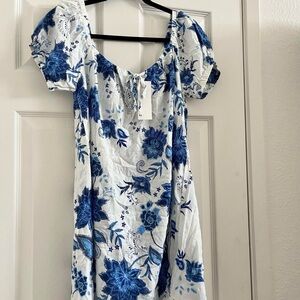 New with tag: Linen Blend White Mini Dress with Blue Floral Print